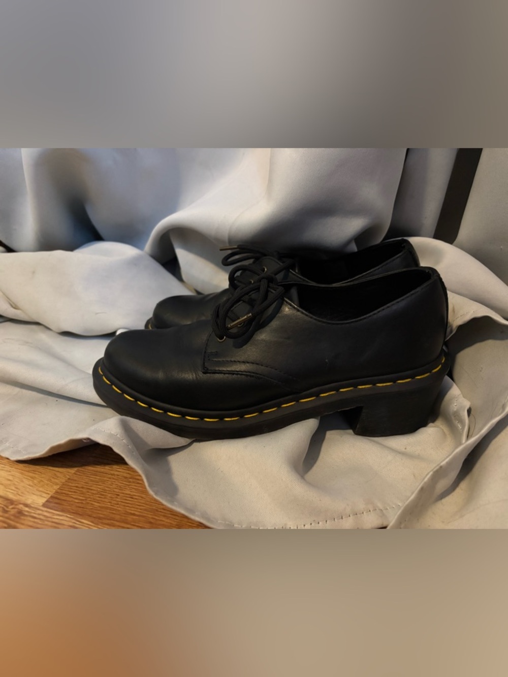 Dr. Martens Black Leather Lace-Up Platform Oxfords with Yellow Stitching